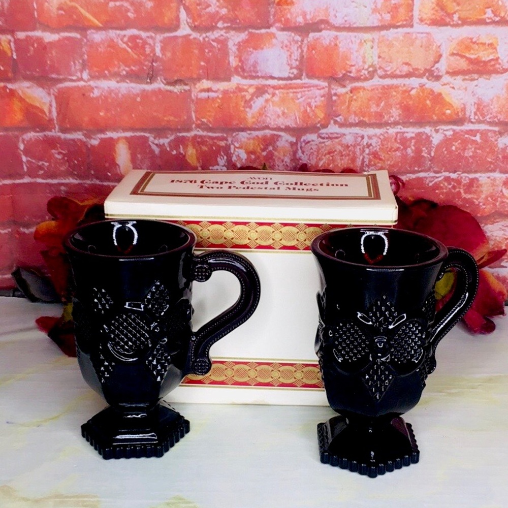 Vintage Avon 1976 Cape Cod Collection Red Glass Pedestal Mugs